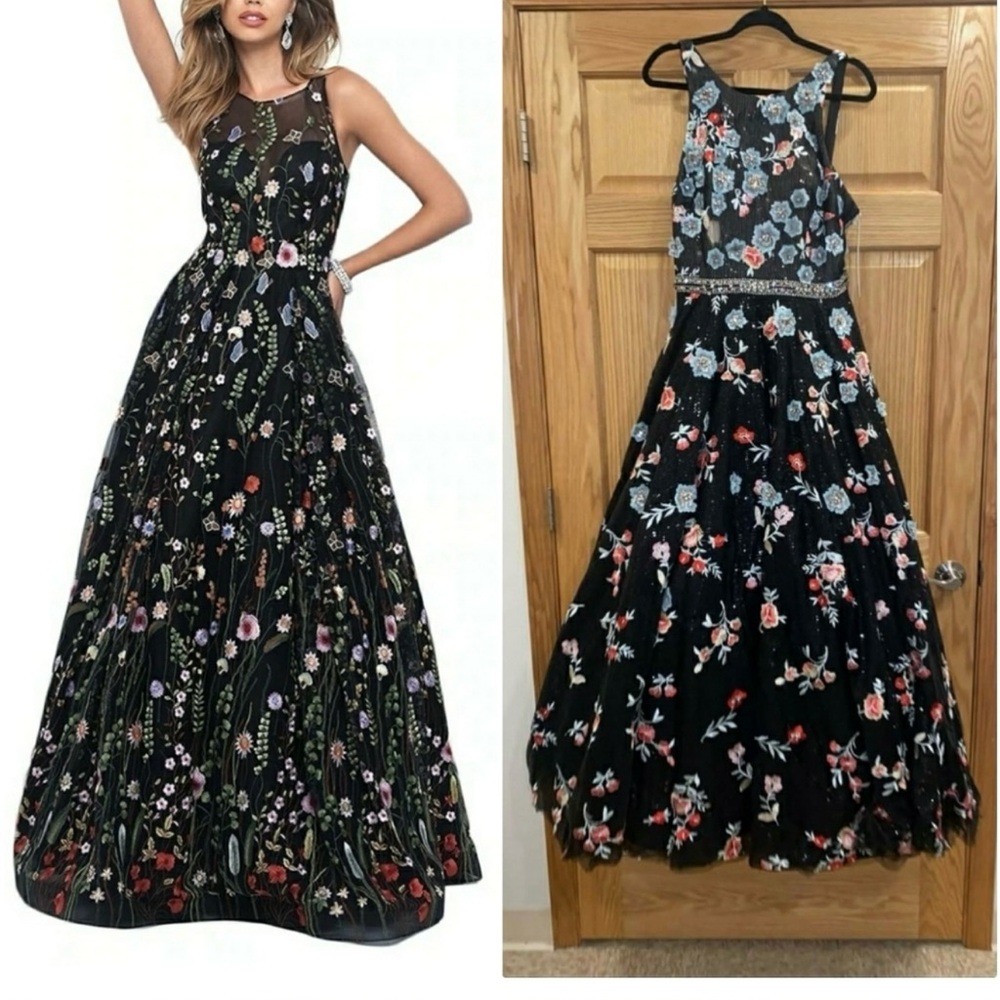 NWT Beautiful Jovani Floral Embroidered Black Evening Gown